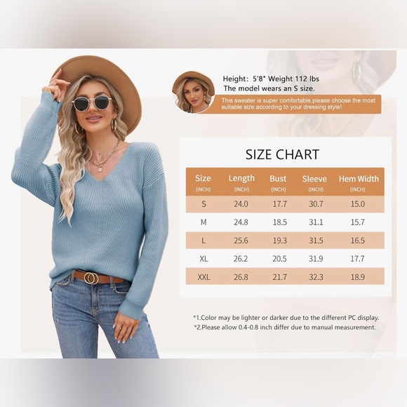 Koinshha Womens V Neck Knitted Pullover Sexy Sweater Cozy Loose Light Blue XXL - Picture 6 of 6